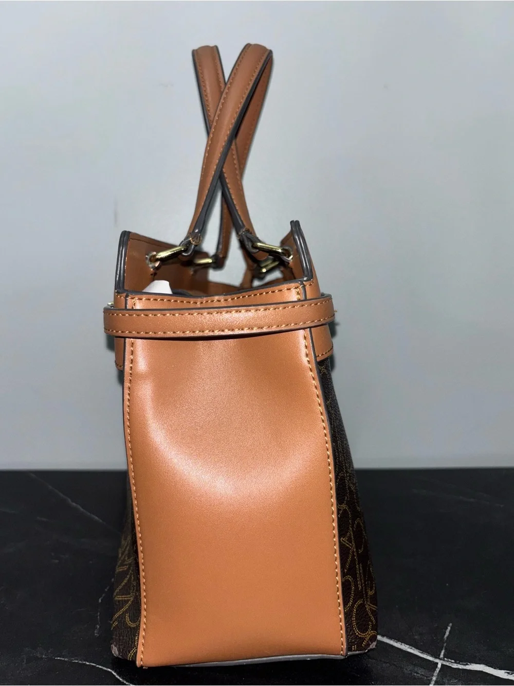 🥥Calvin Klein Brown Monogram Satchel with Tan Trim
